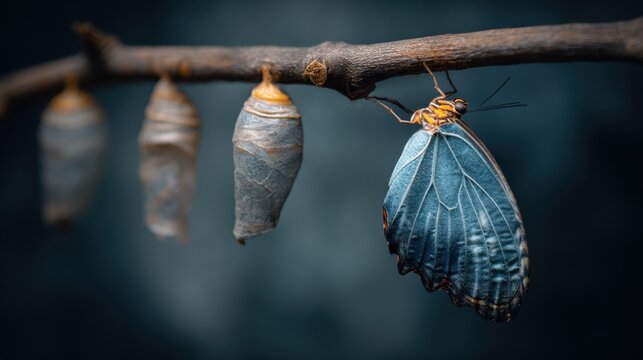 A blue butterfly is perched on a branch, with a cocoon hanging from the branch above it. The cocoon is in the middle of the branch, and the butterfly is the only other object visible