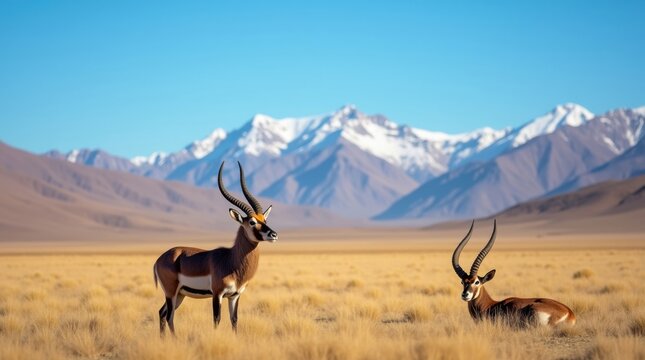 Two antelopes stand in a dry grassy field with snow capped mountains in the background