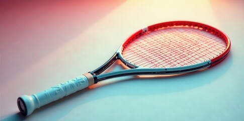 A modern tennis racket rests on a subtly textured surface, bathed in a warm, inviting light; showcasing its sleek design and vibrant red accents.