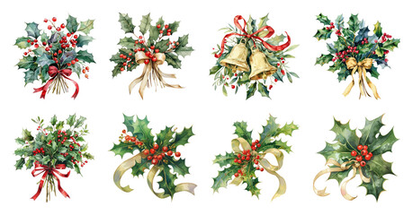 PNG Festive holly wreaths with ribbons, element set on transparent background
