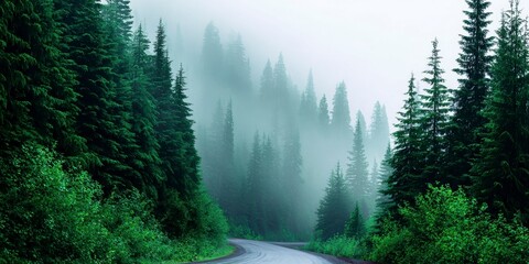 Foggy forest road surrounded by tall trees