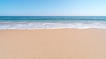 Smooth sandy beach soft pastel sky calm sea horizon with gentle waves
