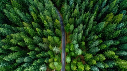 A winding road snakes through a dense forest filled with vibrant green trees. The view from above showcases the rich colors and textures of nature on a sunny day.