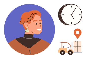 Smiling woman portrait with a clock, location pin, and forklift carrying packages. Ideal for time management, delivery service, supply chain, logistics, teamwork, efficiency simple flat metaphor