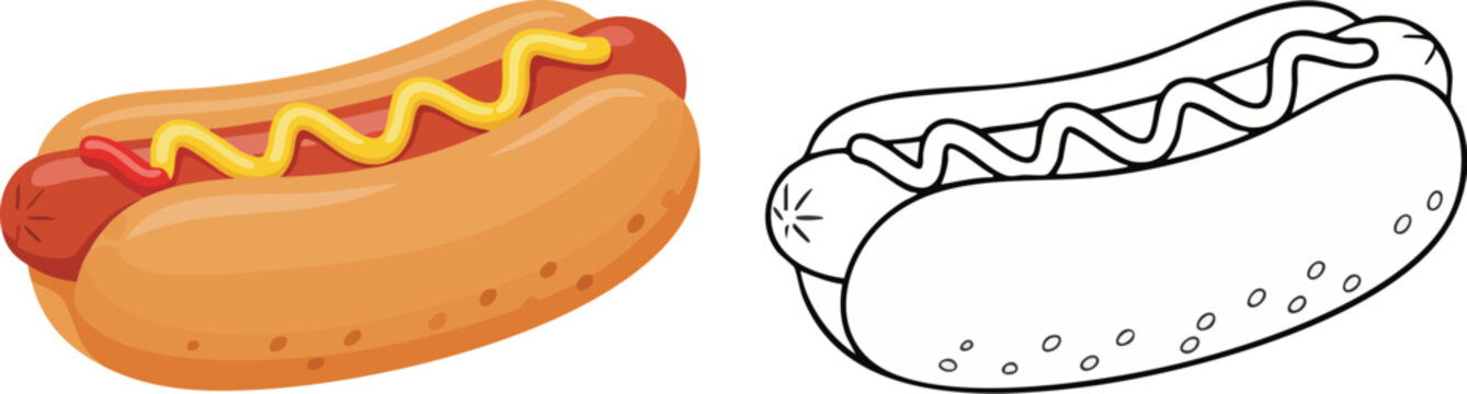 Color and Outline Hot Dog with Mustard Vector Set for Food Design