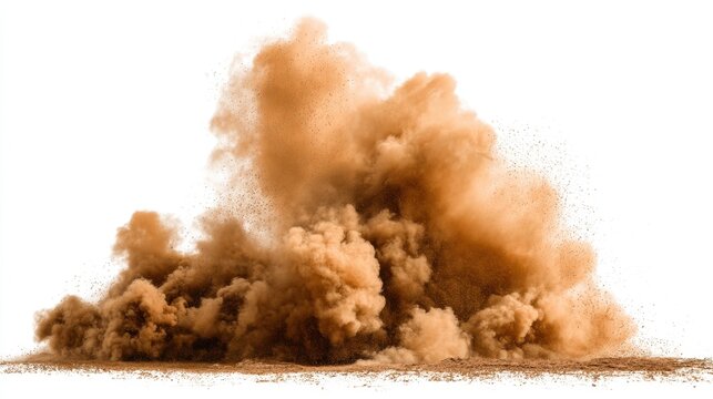 A large cloud of dust is blowing in the wind. The scene is chaotic and disordered, with the dust covering everything in its path. Scene is one of destruction and chaos