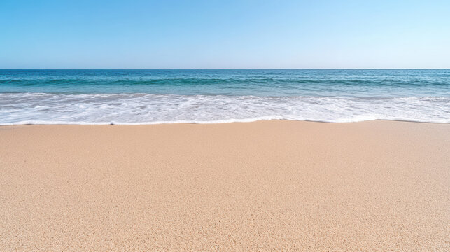 Smooth sandy beach soft pastel sky calm sea horizon with gentle waves - Powered by Adobe