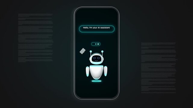 friendly artificial intelligence assistant robot chatbot interface on mobile phone screen for innovation and customer service technology