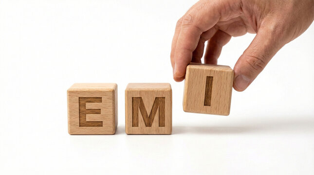 wooden alphabet cubes forming emi with hand placing final block on white background representing loan payments banking and personal finance concept