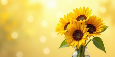 Obraz premium A vibrant bouquet of sunflowers in a clear glass vase, basking in the warm glow of a sunny day, creates a cheerful and uplifting scene.