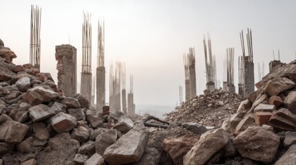 Fototapeta premium A desolate landscape with a pile of rubble and a few concrete pillars. Scene is bleak and desolate