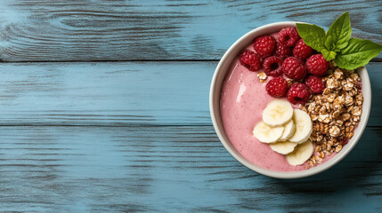 Raspberry banana smoothie bowl with granola and mint on blue wood table