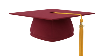 Maroon graduation cap PNG isolated on transparent background, academic mortarboard with gold tassel for graduation ceremony and design use