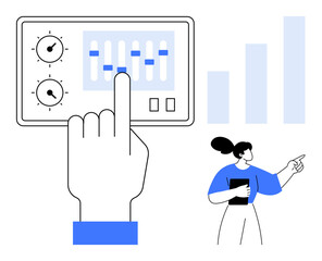 Data visualization. A hand adjusts settings on a control panel while a woman analyzes corresponding data trends. Data visualization aids understanding and decision-making. For tech, analytics, UI