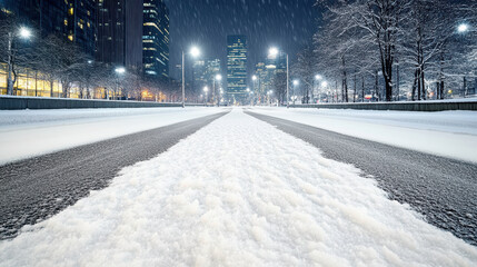 Obraz premium Snow lined city road at night with falling snow and glowing skyline