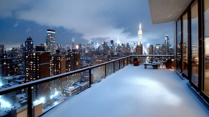 Fototapeta premium Snowy rooftop terrace overlooking illuminated city skyline at night with cozy mood