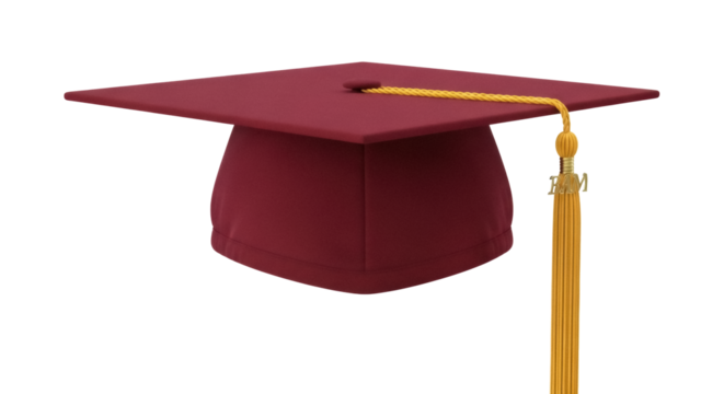 Maroon graduation cap PNG isolated on transparent background, academic mortarboard with gold tassel for graduation ceremony and design use