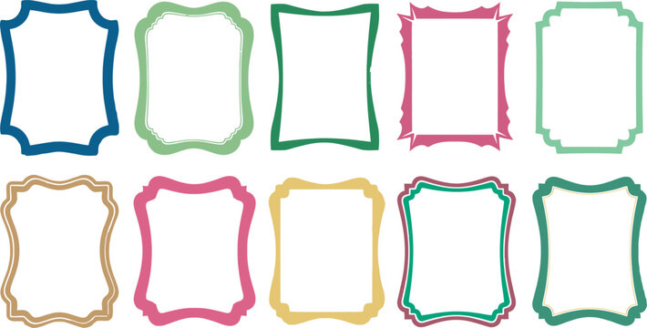 Vibrant collection of ten distinct decorative frames, each with a unique shape and colorful border, offering versatile design elements.