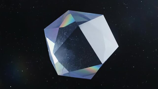 Ethereal abstract video of a glowing hexagonal crystal prism slowly oscillating and floating weightlessly in a deep dark space void ethereal abstract video, futuristic, cosmos