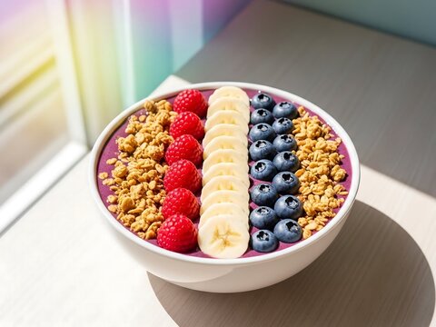 Vibrant açaí bowl with fruit symmetry and granola, pastel daylight background, fresh wellness-food photography for social media campaigns