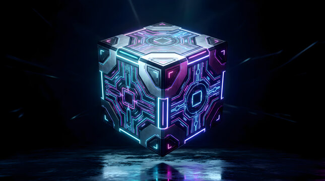 A highly detailed futuristic 3D cube illuminated with glowing neon circuits in blue, purple, and pink tones