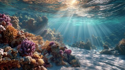 Obraz premium A beautiful underwater scene with colorful coral and fish. The sunlight is shining through the water, creating a serene and peaceful atmosphere