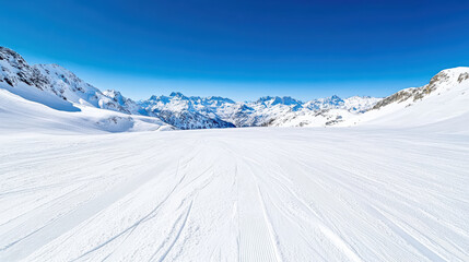 Obraz premium Groomed snow snowy mountain clear blue sky crisp air alpine valley winter landscape panoramic