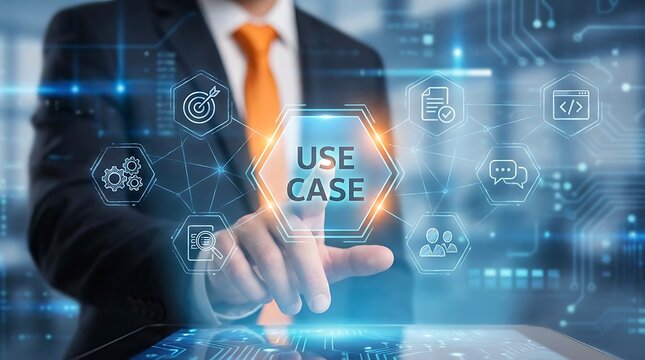 Business person using virtual touch screen presses the words USE CASE. Use case analysis business education technology concept ,marketing, finance