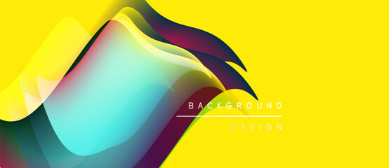 Abstract yellow background features layered colorful waves. Text reads background design. Modern, vibrant visual composition.
