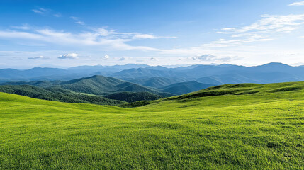 Naklejka premium Soft blue horizon over gentle rolling hills with vibrant green meadow and calm sky