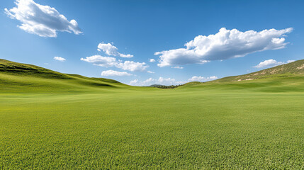 Fototapeta premium Green grass field rolling hill blue sky white cloud open landscape meadow pasture summer horizon