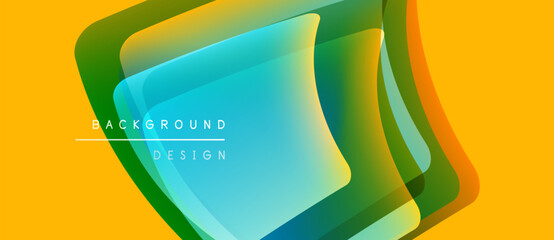 Abstract layers overlap, creating vibrant color gradients. Yellow backdrop emphasizes dynamic design elements. Modern visual composition.