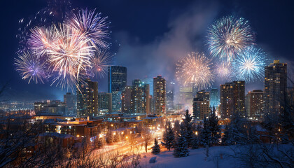 Fototapeta premium A sparkling winter night with fireworks illuminating a snowy city skyline.
