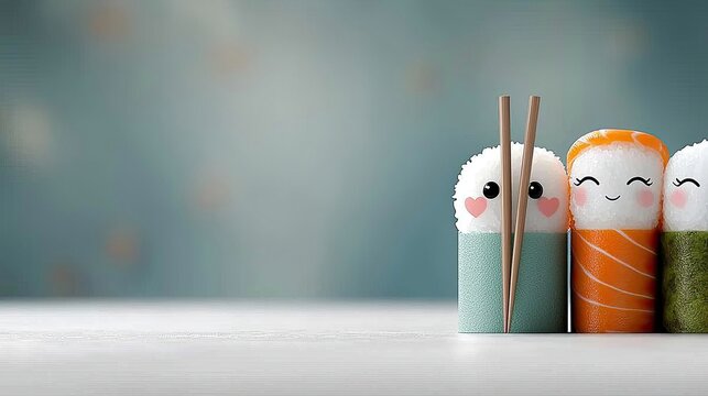 A whimsical studio shot featuring three sushi characters with smiling faces and chopsticks, set against a blurred background.
