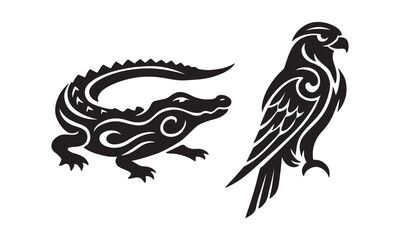 Fototapeta premium Illustration of an alligator and a hawk, artistic, tattoo style, ideal for design projects, vector art, perfect for branding