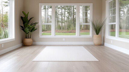 Bright minimalist room with floor mat and large windows, calm natural light