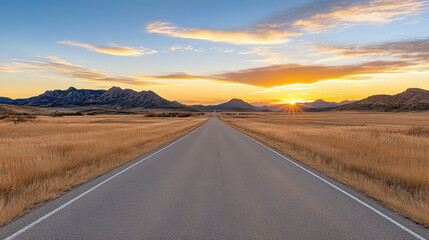 Naklejka premium Open road sunset landscape with golden grass and distant mountains