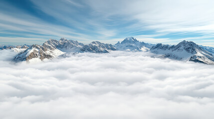 Obraz premium Snowy mountain peak above soft cloud sea, serene high altitude landscape