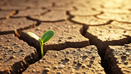 Tiny endangered seedling growing from rugged cracked soil, dramatic side lighting on rough earth textures, environmental photography for sustainability campaigns and climate-resilience storytelling