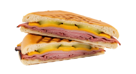 Delicious Cuban sandwich cut in half isolated PNG, pressed sandwich with ham, cheese, pickles, and mustard on Cuban bread for lunch or snack