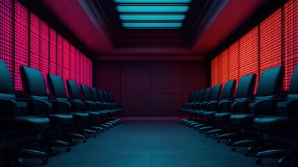 Obraz premium A futuristic conference room with sleek black chairs, illuminated by vibrant red and blue lighting, creating a dramatic and modern atmosphere.
