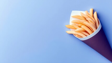 Overhead shot of a purple paper cone filled with french fries on a blue background. The image is clean and simple.