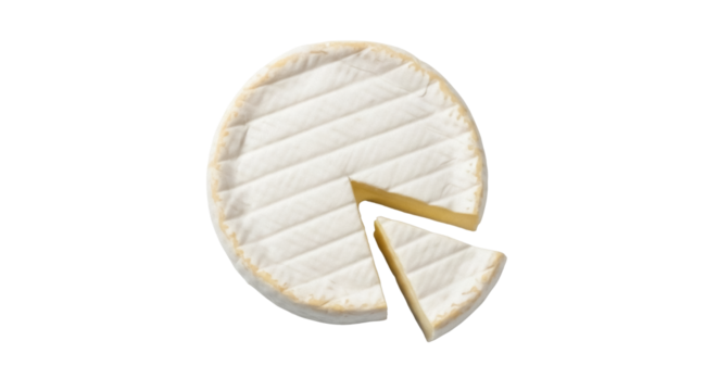 Brie cheese wheel with a slice removed isolated PNG, creamy French cheese on transparent background for gourmet food and culinary design