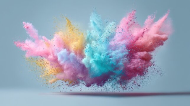 A colorful explosion of smoke and dust is depicted in the image. The colors are vibrant and the smoke is scattered in various directions, creating a sense of chaos and energy