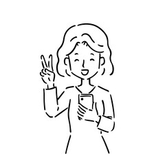 線画・スマホを持って笑顔でピースしている若い女性