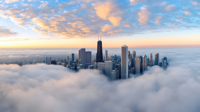 Morning skyline emerging from soft fog with pastel clouds and glowing light