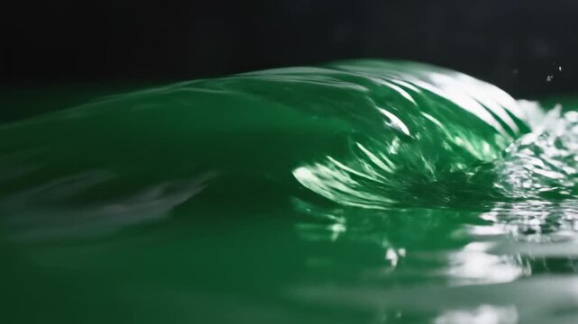 Extreme close-up of undulating shimmering emerald green liquid forming abstract energy waves and deep shadows in slow motion wave motion, green, smooth