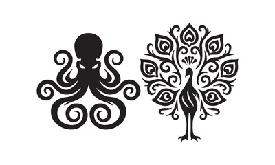 Stylized Animal Graphic Icons Elegant Peacock and Intricate Octopus Silhouettes for Creative Design Projects, Branding, and Decorative Artworks, Showcasing Nature's Artistic Beauty