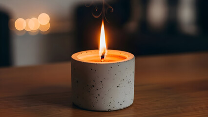 Burning candle in concrete holder on wooden surface creates warm ambiance