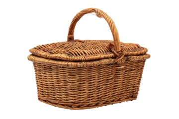 A detailed, side-profile of a woven basket with a handle and a hinged lid, isolated